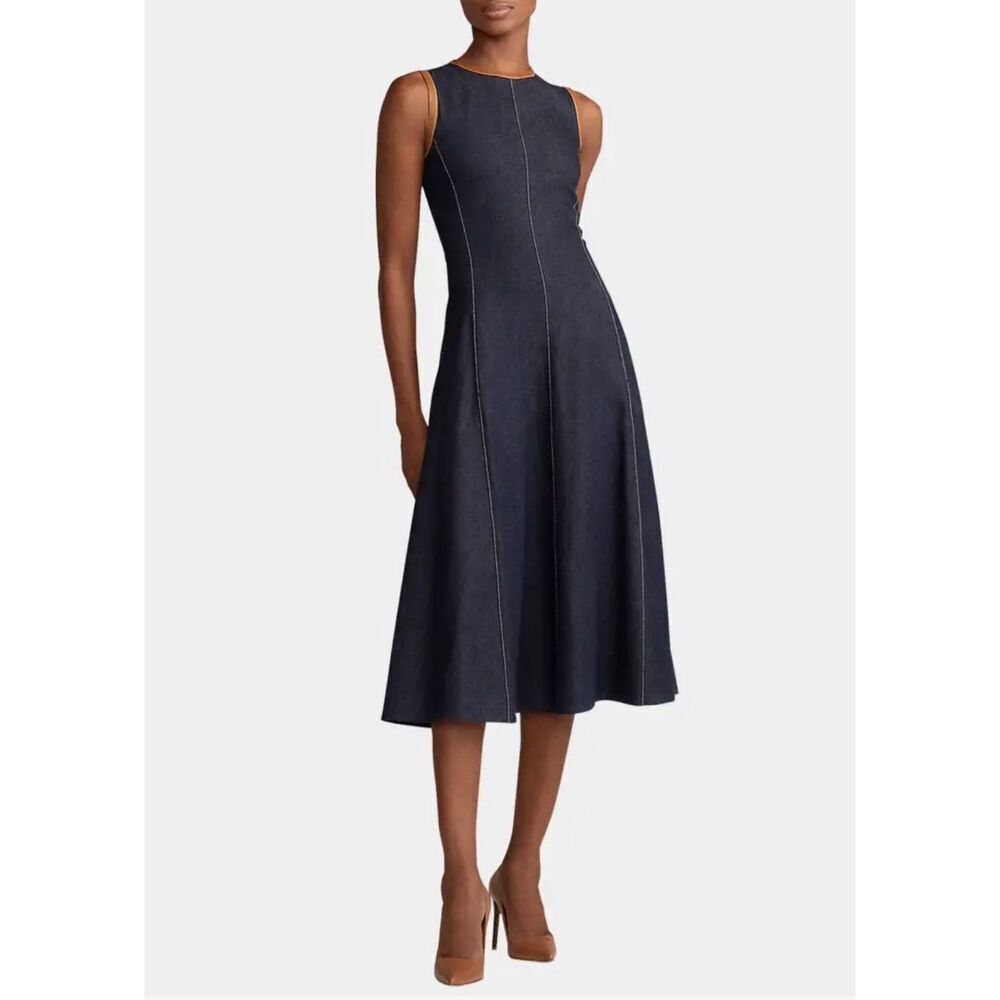 Ralph Lauren Collection Denim & Leather Nwot Midi Dress Size 16